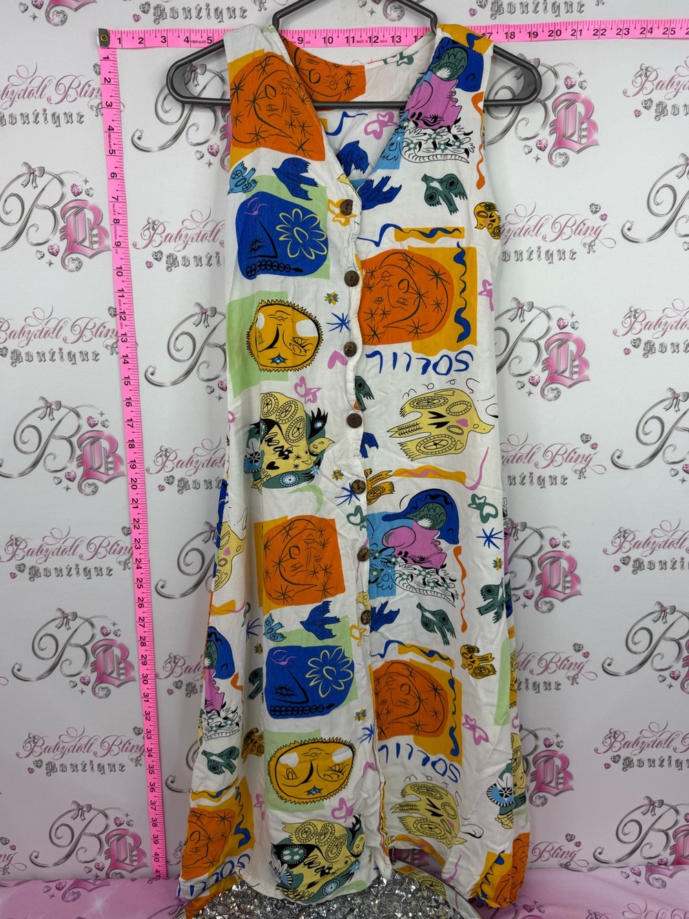 Dress patches Sleeveless Printed Midi Dress in White with Multicolor Art Blocks